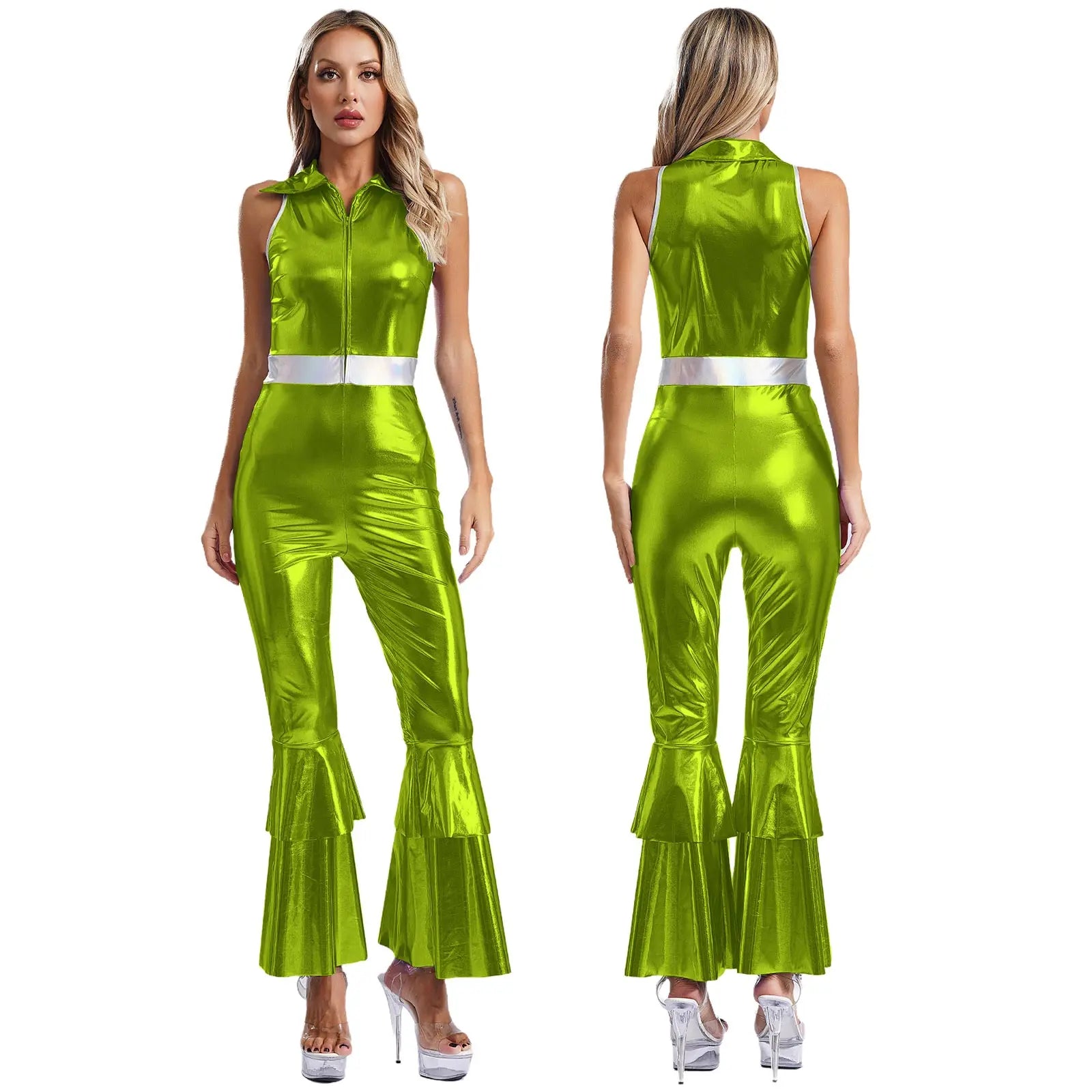 Women’s 70s Metallic Disco Jumpsuit – Sleeveless High – Waist Flared Costume – Black – XL