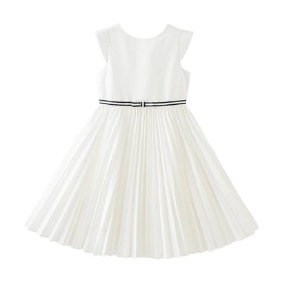 Girls White Pleated Party Dress – Sleeveless A-Line Dress