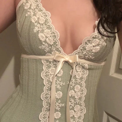 Women’s Lace Trim Bow Tank Top – Coquette Y2K Spaghetti Strap Cami