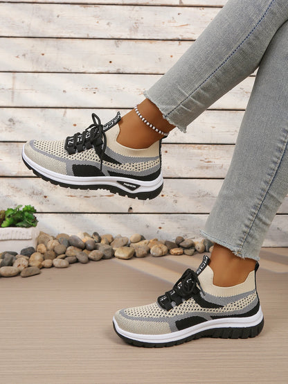 Women’s Lightweight Patchwork Lace-Up Sneakers – Casual Travel Walking Shoes