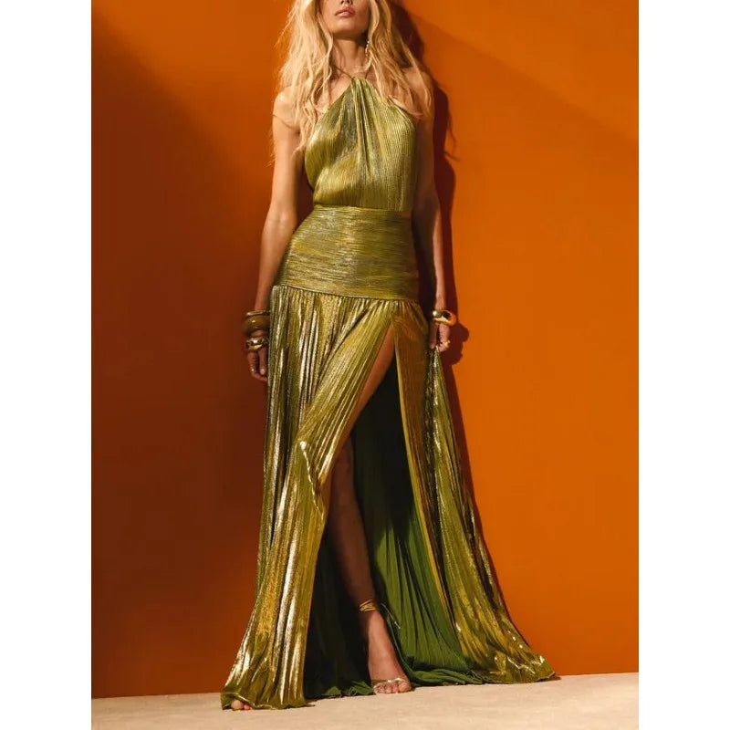 Women’s Halter Evening Gown – Floor-Length, High-Slit Elegance