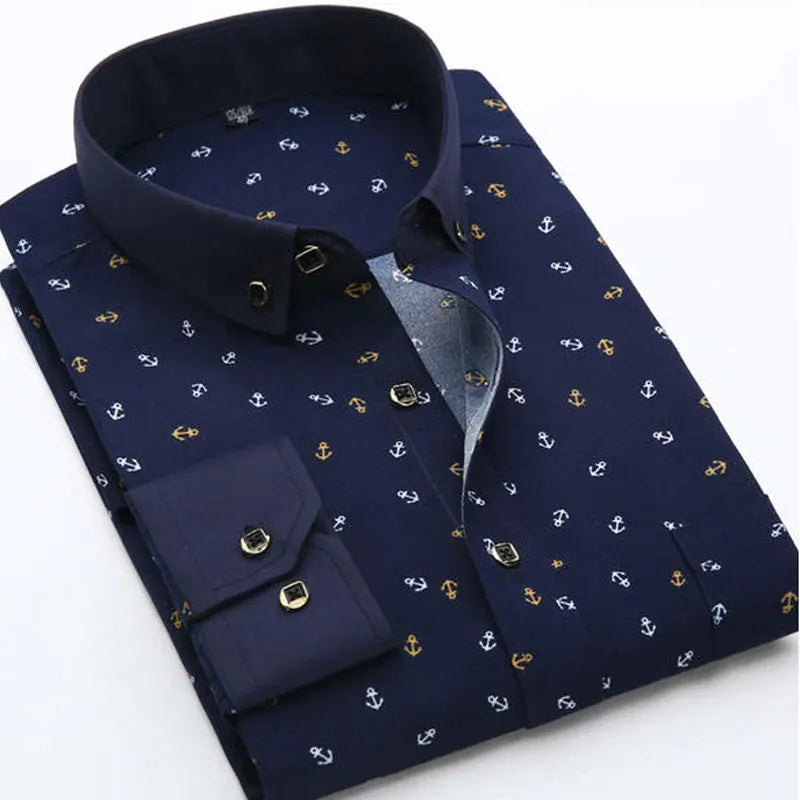 Navy blue shirt with anchor pattern on a white background