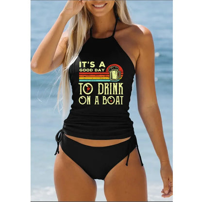 Women’s Halter Tankini Set – Drawstring Side Top & Bikini Bottom