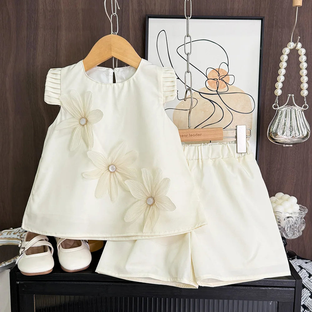 Girls’ 3D Flower A-Line Dress – Sleeveless, Knee Length