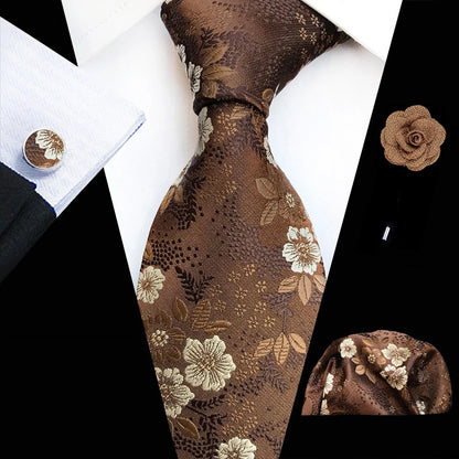 Men’s Floral Necktie Set – Tie, Pocket Square & Cufflinks