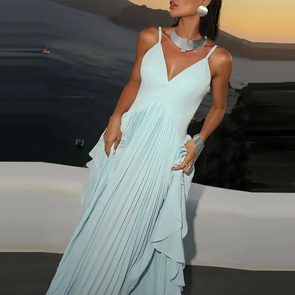 Sky Blue Ruffle Halter Evening Dress