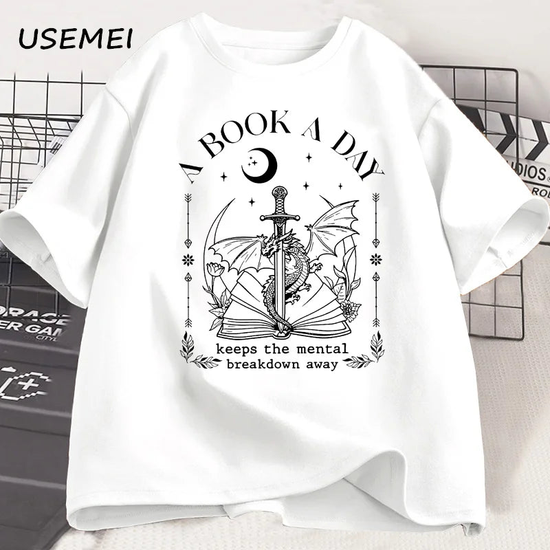 Unisex Graphic Cotton Tee – “A Book a Day” Fantasy Reader Shirt - The Dock Drop