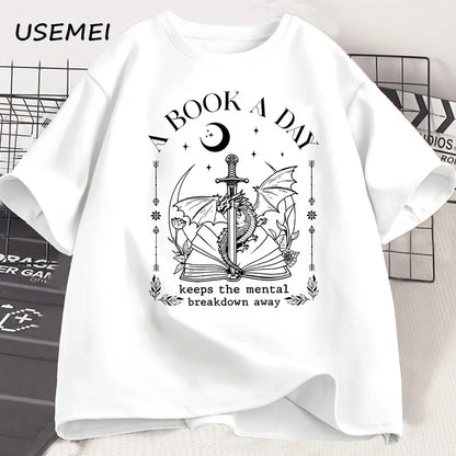 Unisex Graphic Cotton Tee – “A Book a Day” Fantasy Reader Shirt - The Dock Drop