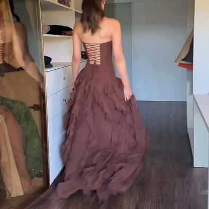 Vestidos Elegant Ruffle Slit Ball Gowns Dresses Woman Sexy Strapless Slim Long Dess Summer Sleeveless Backless Hollow Maxi Dress