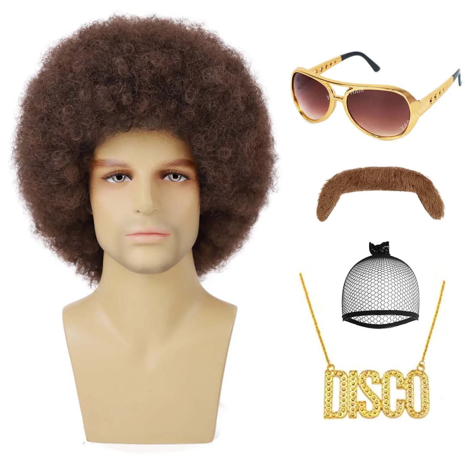 Men’s 70s Disco Wig & Accessories Set – Afro Wig, Mustache, Shades & Disco Chain
