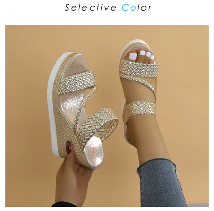 Women’s Braided Wedge Sandals – Slip – on Platform Summer Heels – Gold – 36