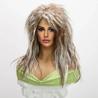 HAIRJOY 24-inch Synthetic Wig for Women  70S 80S Long Curly Brown White Wig Punk Rocket Heat Resistant Wig