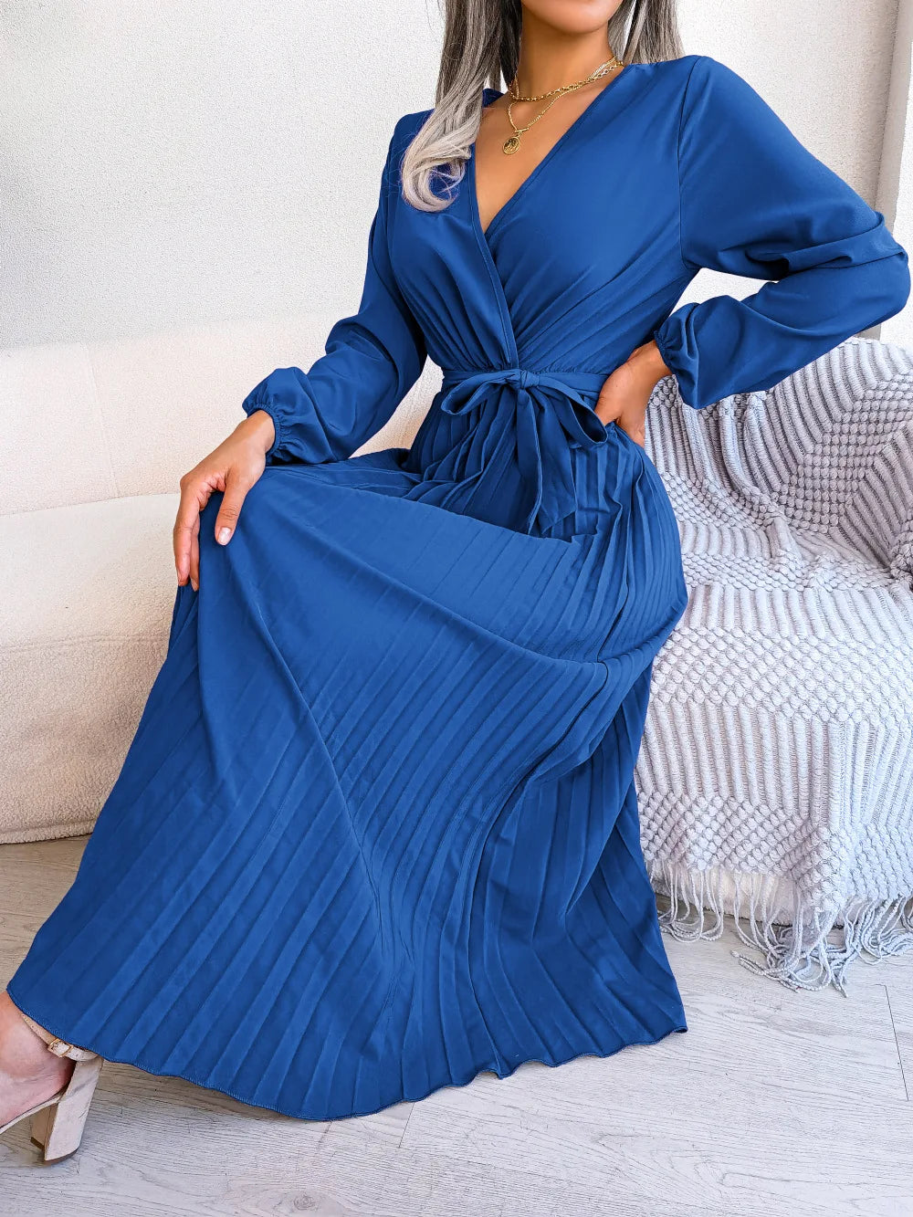 Women’s Pleated V-Neck Maxi Dress – Long Sleeve, Belted Waist