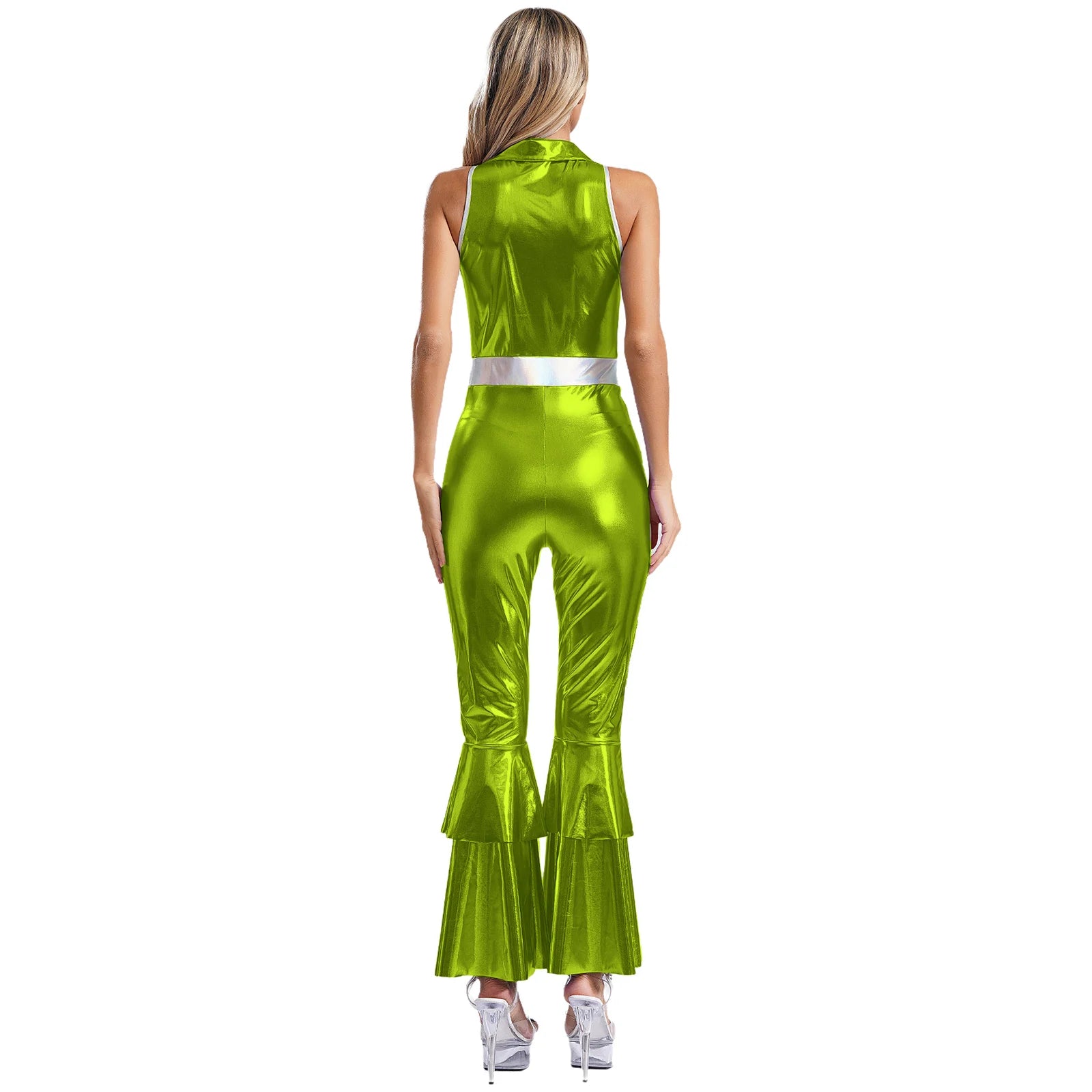 Women’s 70s Metallic Disco Jumpsuit – Sleeveless High – Waist Flared Costume – Green – XXL