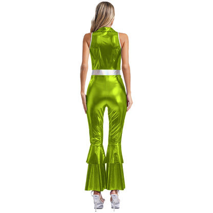 Women’s 70s Metallic Disco Jumpsuit – Sleeveless High – Waist Flared Costume – Green – XXL