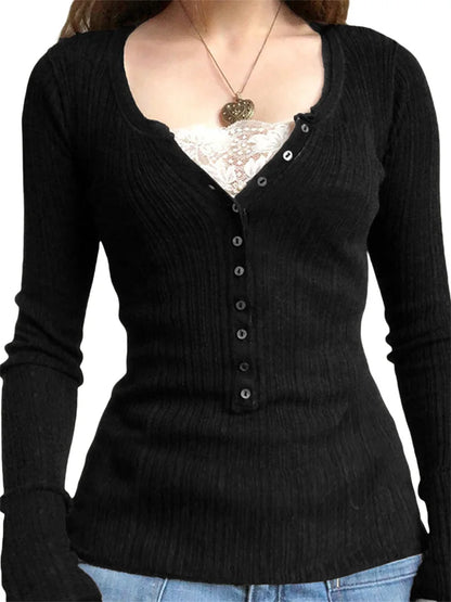 Women’s Ribbed Button-Front Knit Top – Slim Fit Long Sleeve