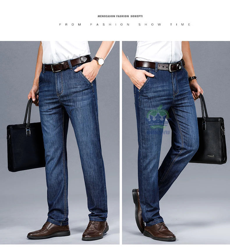 Brand Clothing High Quality Summer Cotton Men's Jeans Classic Business Straight Denim Black Pants Work Trouser Male Plus size 40