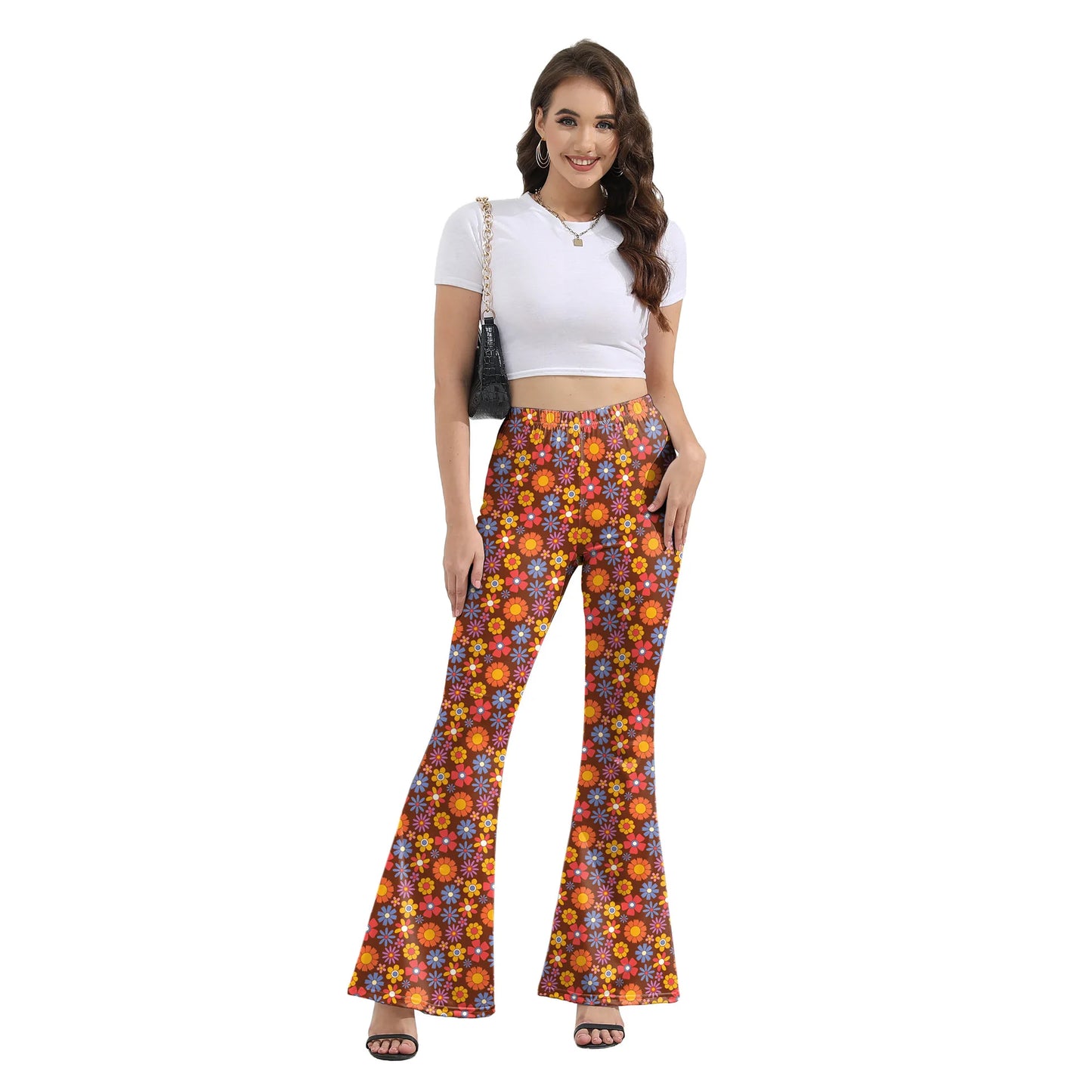 Women’s 70s Floral Bell Bottom Pants – High – Waist Flare Trousers – Brown-peace – M