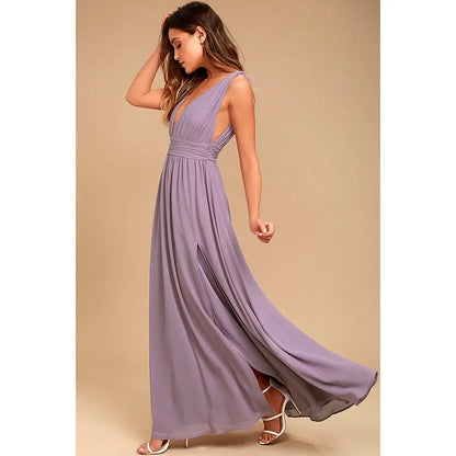 Backless Deep-V Chiffon Maxi Dress – Flowy Slit Evening Gown