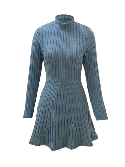 Women’s Ribbed A-Line Knit Mini Dress – Long Sleeve, Mock Neck, Slim Fit