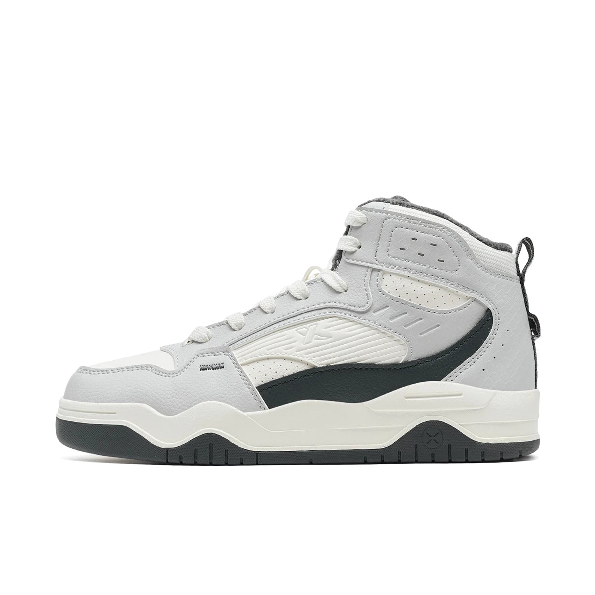 Gray high-top sneaker with white sole on a white background