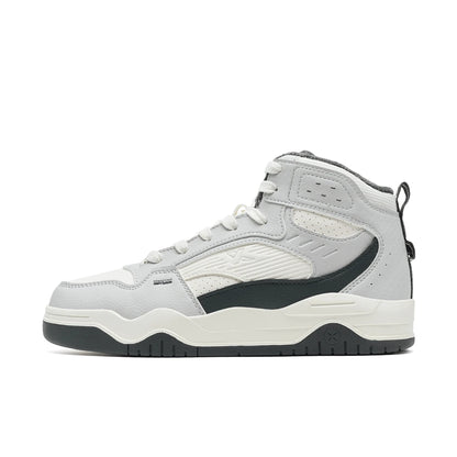 Gray high-top sneaker with white sole on a white background