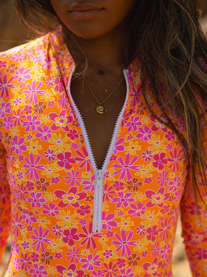 Audrey One-Piece - Marrakesh: zipper, soft touch, stretch. Perfect for travel, cruise days, and everyday wear.