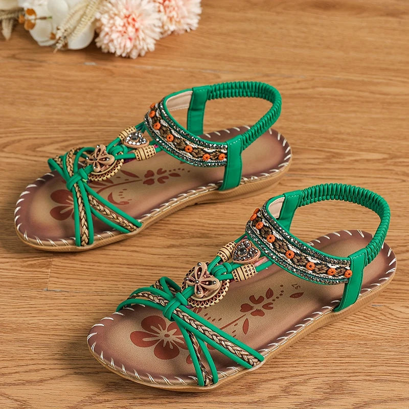 Women’s Boho Beaded Strap Sandals – Casual Summer Walking Shoes