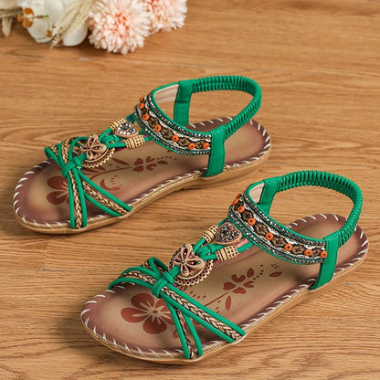 Women’s Boho Beaded Strap Sandals – Casual Summer Walking Shoes