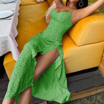 Sunlit Petal Split Maxi Dress – Women’s Floral Spaghetti Strap Summer Dress