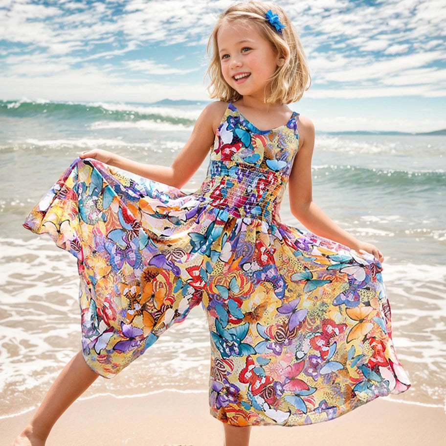 Girls’ Boho Floral Maxi Dress – Sleeveless, Beach-Ready Chiffon