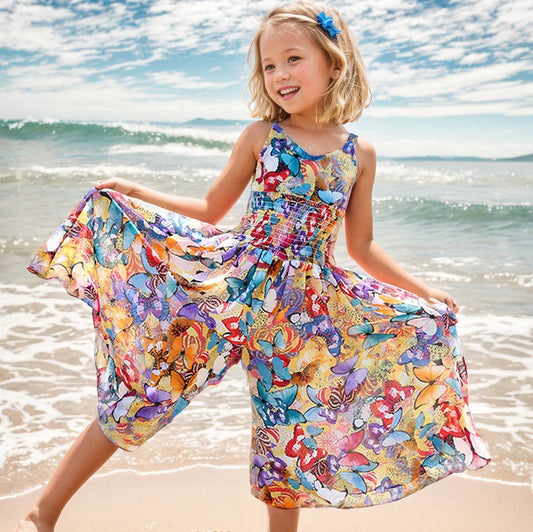 Girls’ Boho Floral Maxi Dress – Sleeveless, Beach-Ready Chiffon