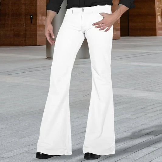 Men’s 70s Retro Flare Pants – Classic Bell Bottom Trousers – S – White