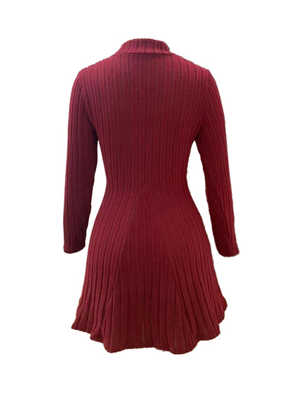 Women’s Ribbed A-Line Knit Mini Dress – Long Sleeve, Mock Neck, Slim Fit