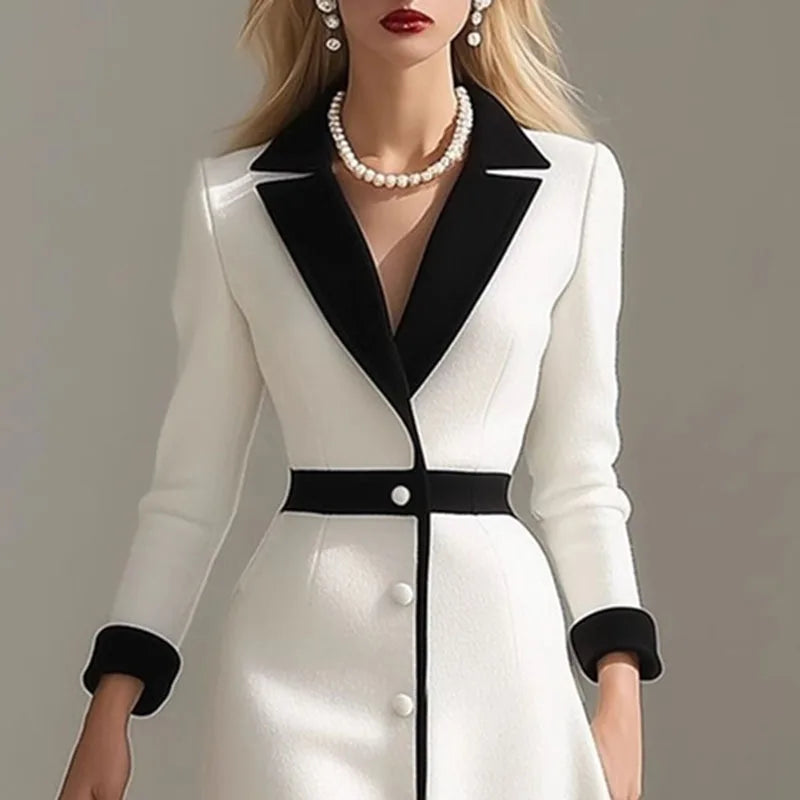 Women’s Contrast-Collar Blazer Dress – Notched, Single-Breasted, Knee-Length