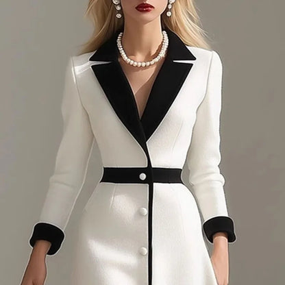 Women’s Contrast-Collar Blazer Dress – Notched, Single-Breasted, Knee-Length