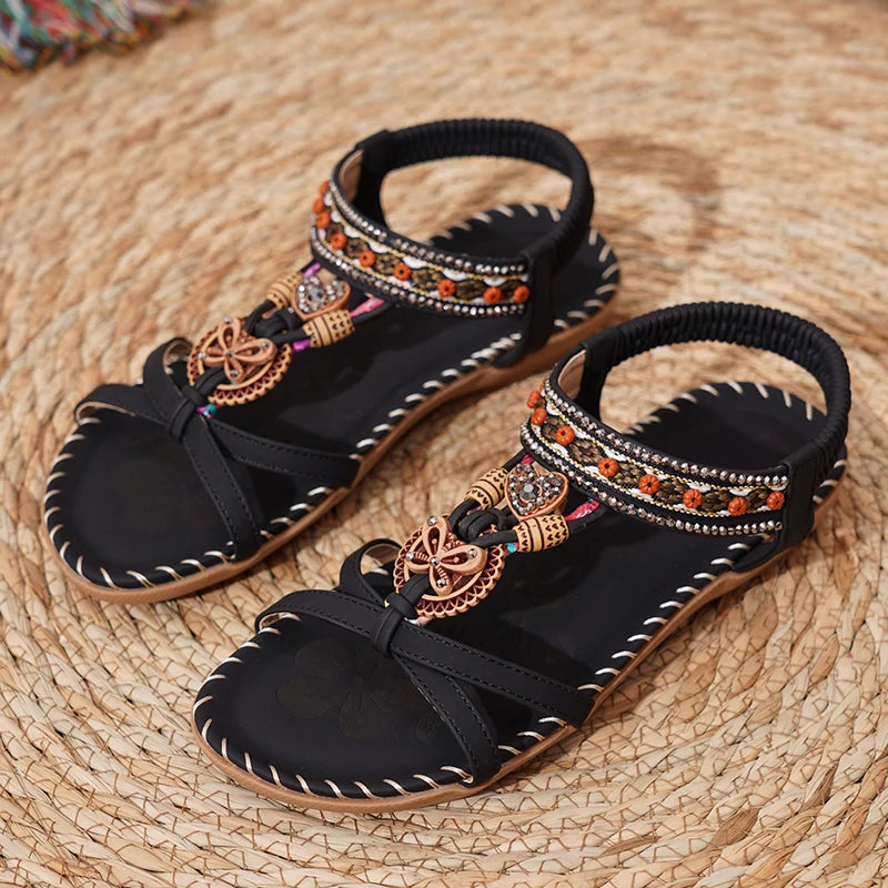 Women’s Boho Beaded Strap Sandals – Casual Summer Walking Shoes
