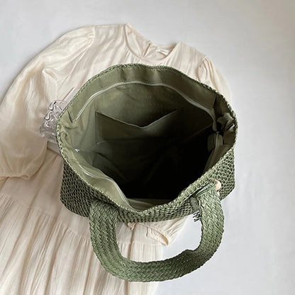 Women’s Woven Vacation Tote Bag – Lightweight Straw Beach Bag with Zipper