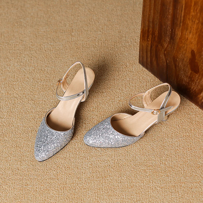 Women's Glitter Closed-Toe Kitten Heels with Ankle Strap