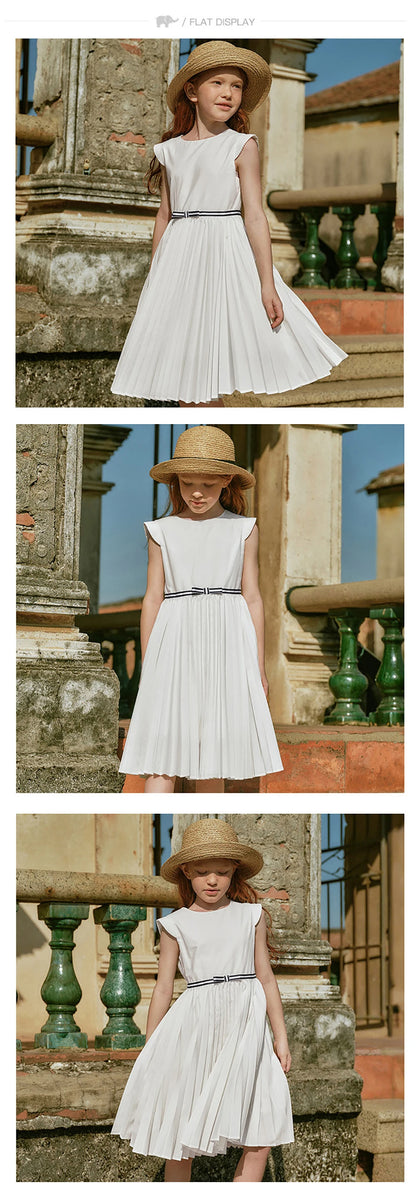 Girls White Pleated Party Dress – Sleeveless A-Line Dress