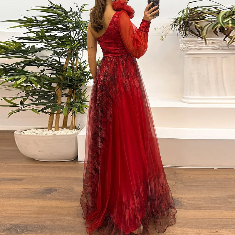 Women’s Asymmetrical One-Shoulder Evening Gown – High Waist, Mesh Overlay