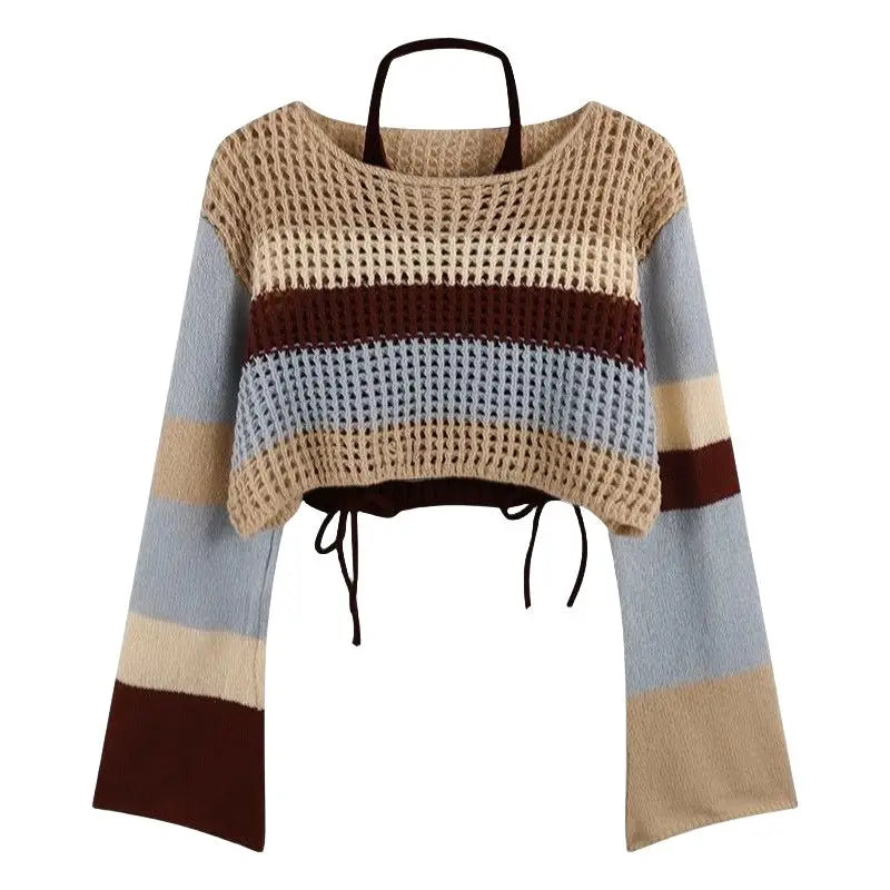 Striped Knit Sweater & Cargo Pants Set – Hollow Crop Pullover + High-Waist Trousers