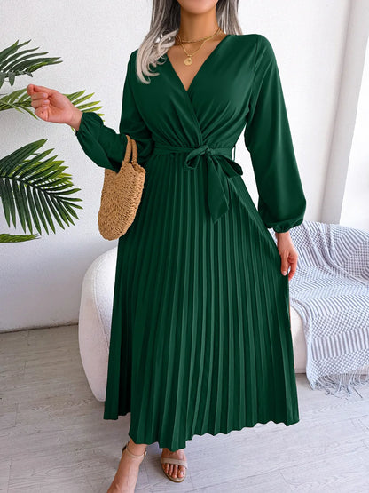 Women’s Pleated V-Neck Maxi Dress – Long Sleeve, Belted Waist