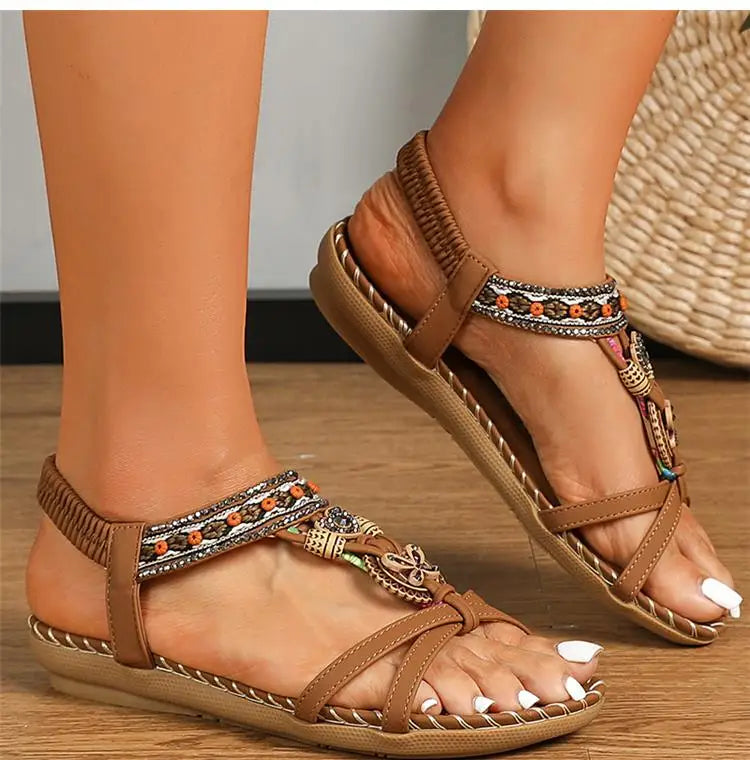 Women’s Boho Beaded Strap Sandals – Casual Summer Walking Shoes