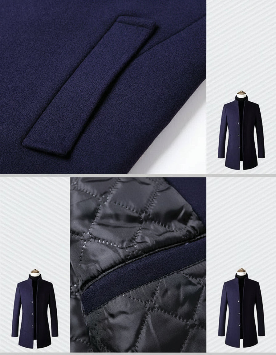 Close-up of a dark blue coat with stitching details and a jacket on a white background.
