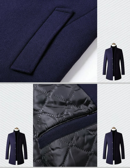 Close-up of a dark blue coat with stitching details and a jacket on a white background.