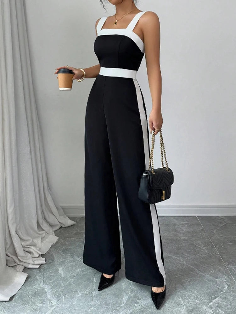 Women’s Contrast-Trim Jumpsuit – Square Neck, Wide Leg