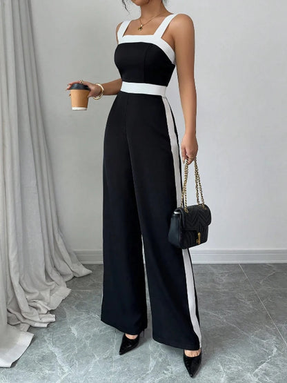 Women’s Contrast-Trim Jumpsuit – Square Neck, Wide Leg
