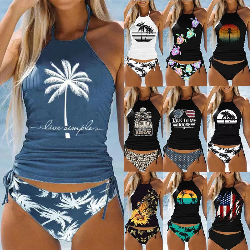 Women’s Halter Tankini Set – Drawstring Side Top & Bikini Bottom