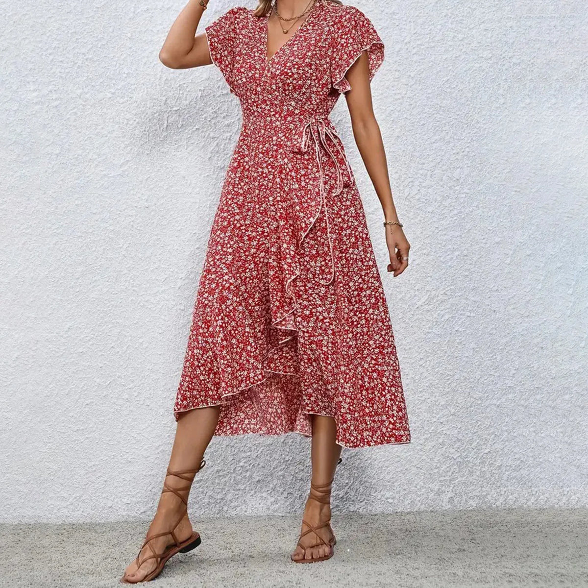 Printed Wrap-Style Tie-Side Vacation Dress